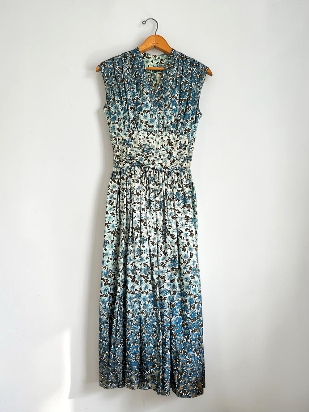 Vintage 60s Blue Brown Floral Dress Taffeta